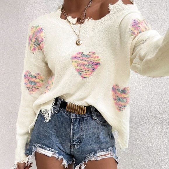 Bellanblue Sweaters - Cream Boho Hearts Oversized Distressed Frayed Hem Sweater